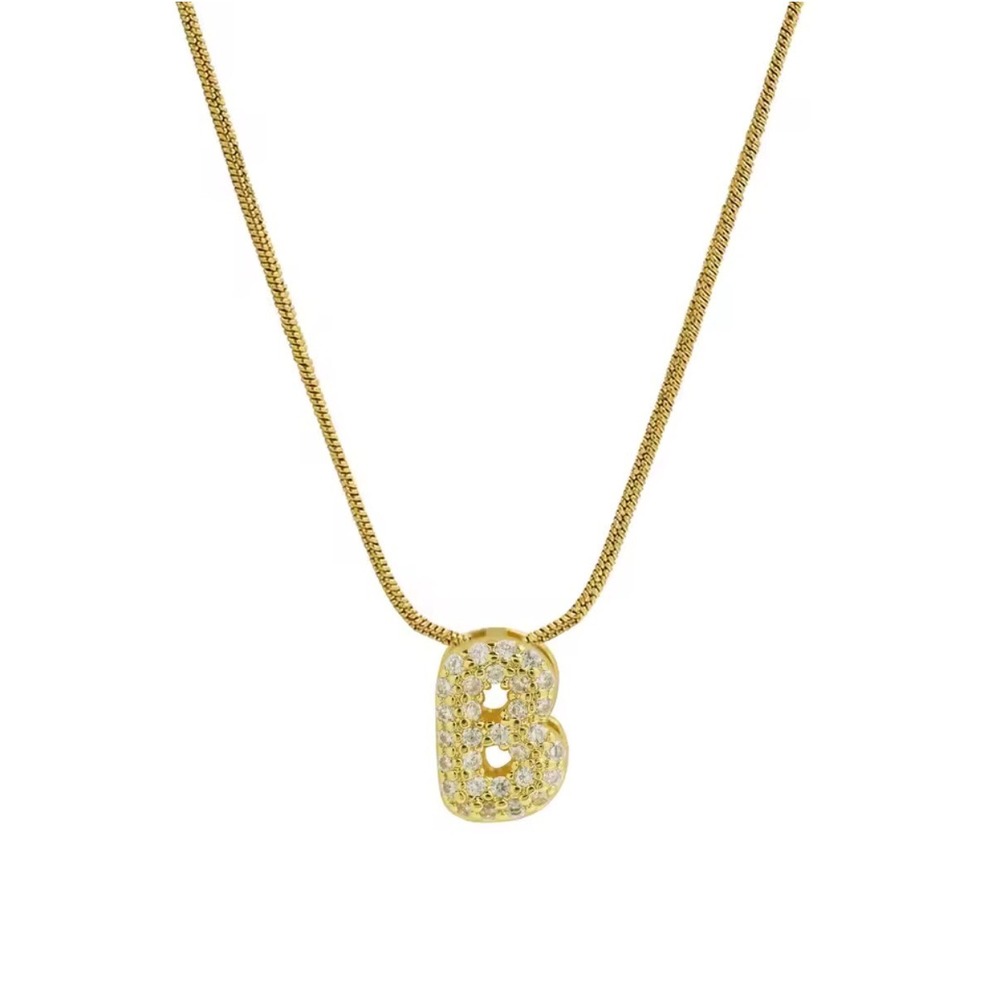 18k Gold Plated Bubble Initial B Pendant Necklace Pave Cubic Zirconia